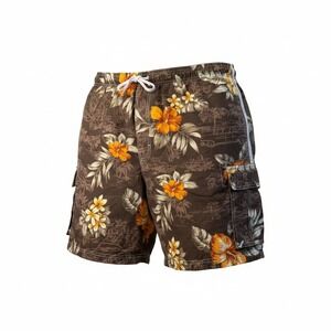 Caribbean Joe Mens XL Brown‎ Tropical Floral Cargo Swim Trunks Board Shorts